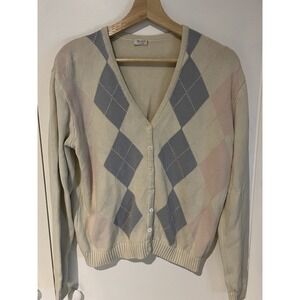 JOHN GALT Cardigan OS Argyle Sweater Button Front Long Sleeve Cotton‎ Off White